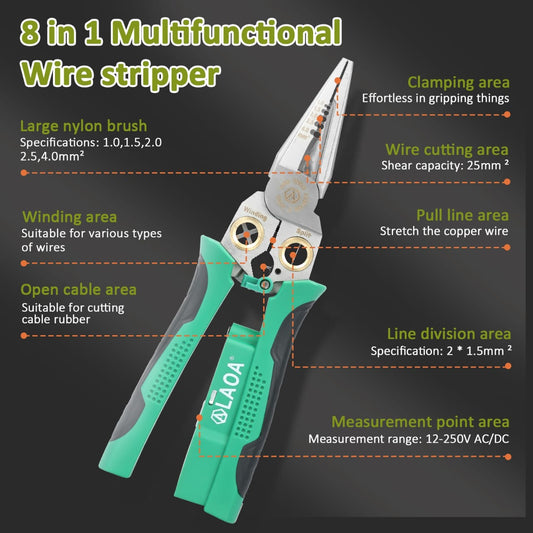 8-IN-1 Wire Crimper Stripper with Voltage Tester – Multi-Function Electrical Tool for Stripping, Crimping, Cutting & Voltage Testing
