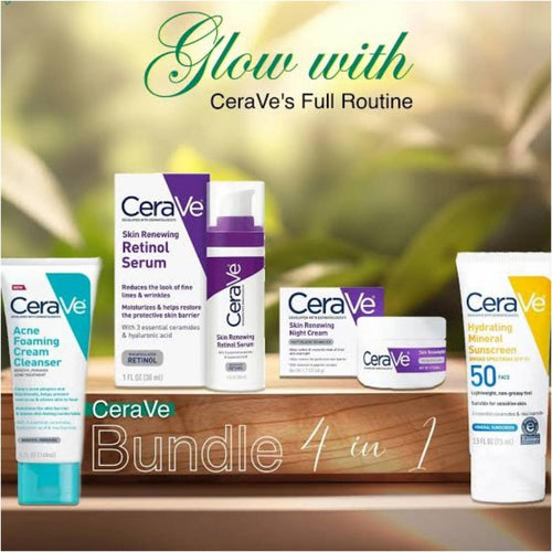 CeraVe 4-in-1 Skincare Bundle – Hydrating Cleanser, Mineral Acne Foaming Cleanser, Retinol Serum & Night Cream