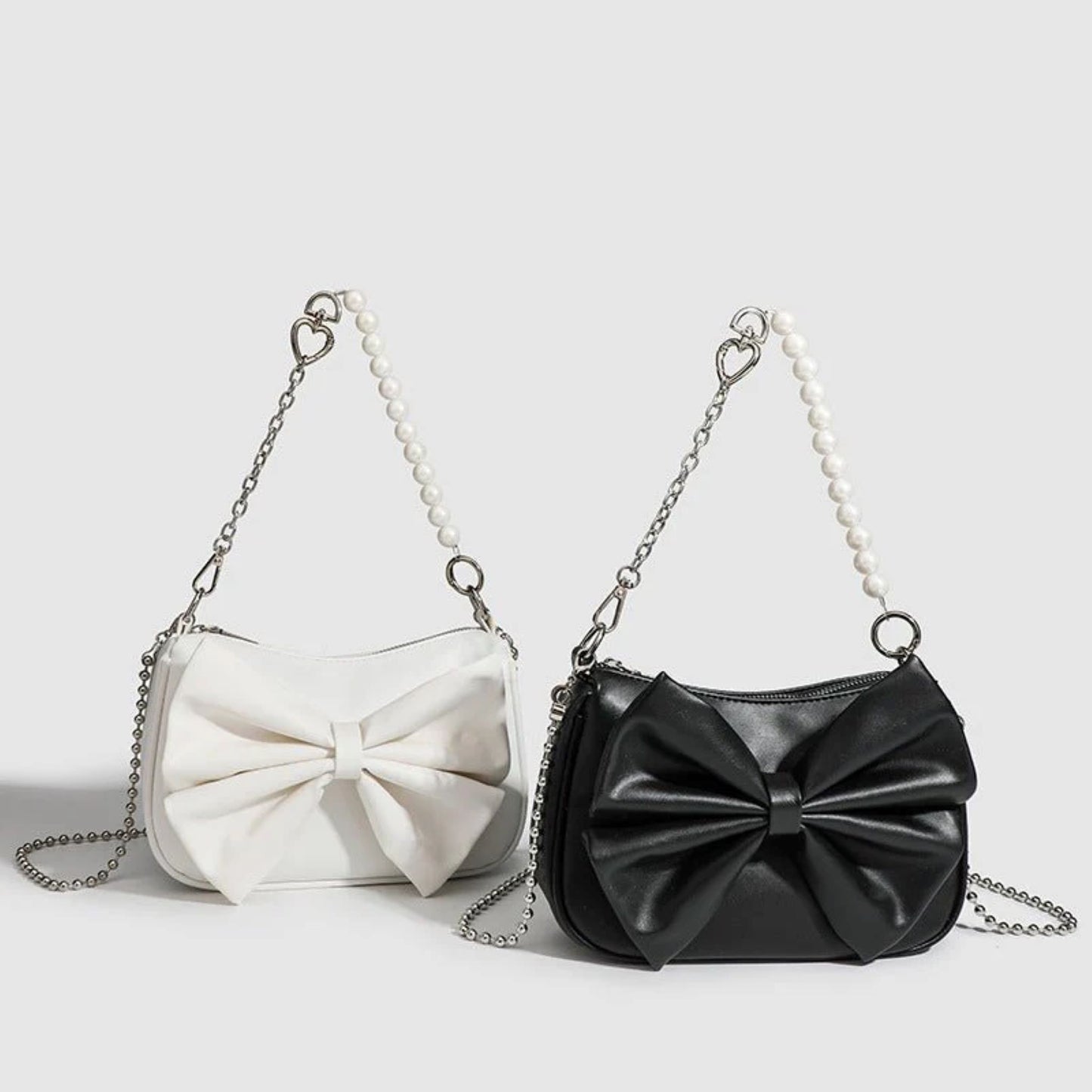 Black White PU Bow Handbags Autumn Winter Ladies